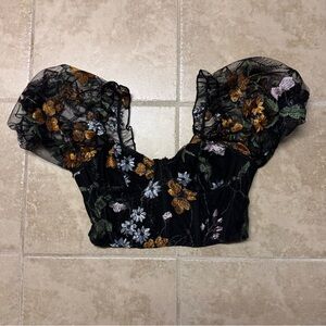 Sheer Floral Puff Sleeve Bustier Crop Top | Black Mesh Festival Party S/M